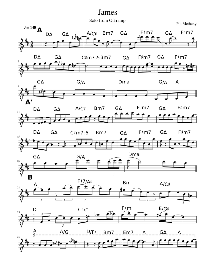Pat Metheny James solo from Offramp Sheet Music with Chords for