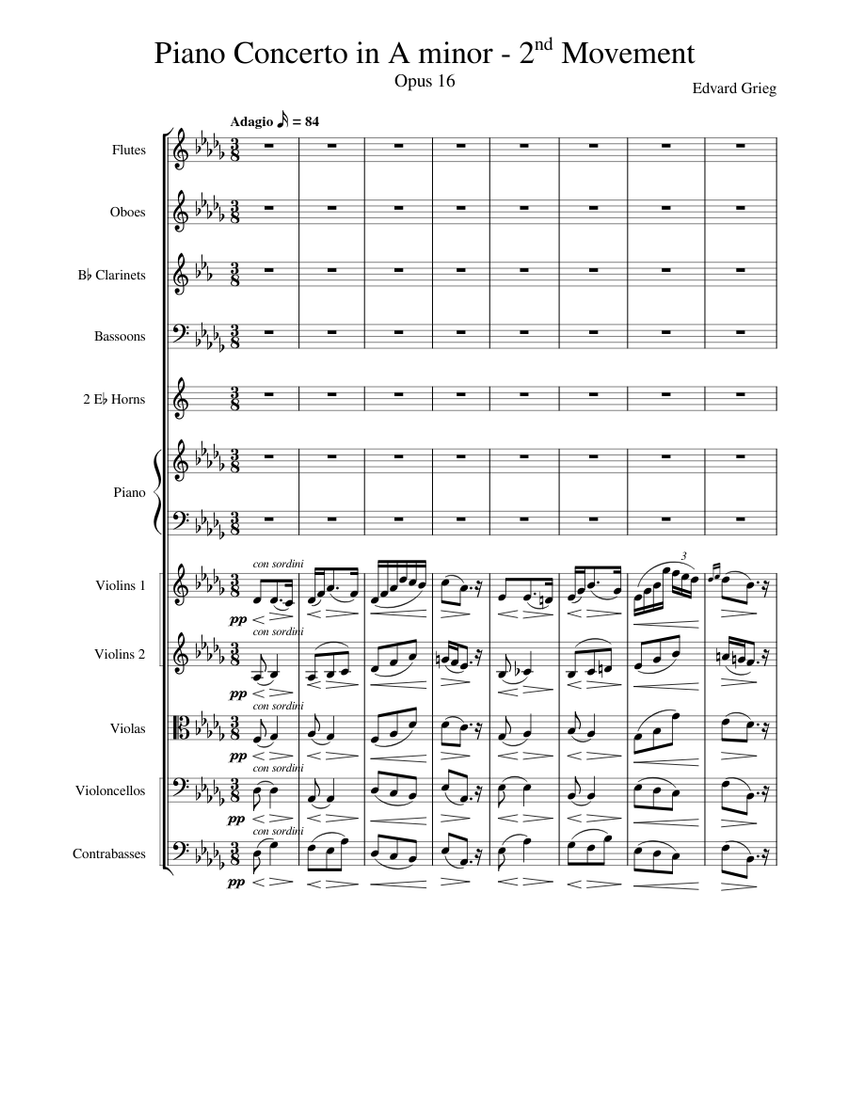 Piano Concerto in A minor Opus 16, 2nd Movement - Adagio Sheet music for Piano, Flute, Oboe, Clarinet in b-flat & more instruments (Mixed Ensemble) | Musescore.com