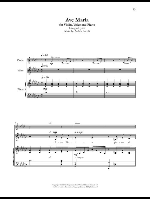 Ave Maria (with Violin) - Andrea Bocelli (Piano Vocal)