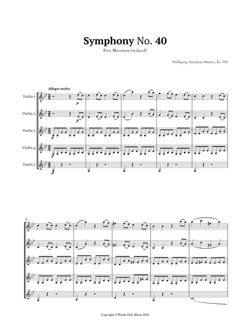 Symphony No. 40 by Mozart for Violin Quintet (Arr. Ander) (String Ensemble)