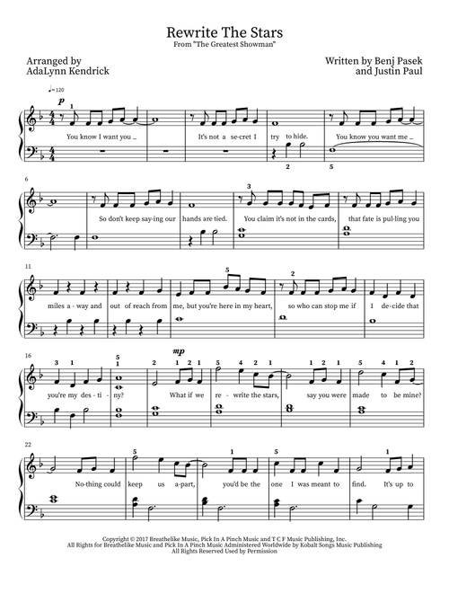 Rewrite The Stars (Arr. AdaLynn Kendrick) - Zac Efron & Zendaya (Easy Piano)