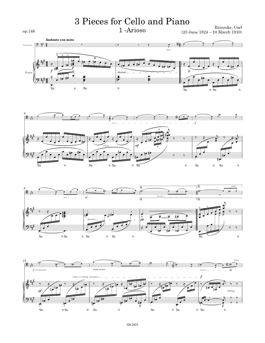 Reinecke, Carl - 3 Pieces for Cello and Piano, 1 - Arioso Sheet