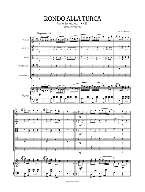 Rondo Alla Turca (Turkish March) | String Quintet sheet music with piano accompaniment (Arr. Benzaiten Editions) - Wolfgang Amadeus Mozart (String Ensemble)