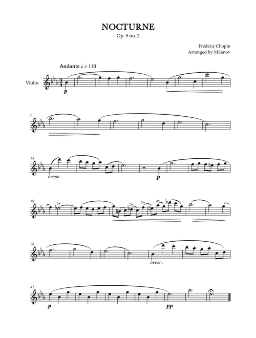 Chopin Nocturne op. 9 no. 2 | Violin | E-flat Major | Easy beginner (Arr. Milanov) - Frédéric Chopin (Violin Solo)