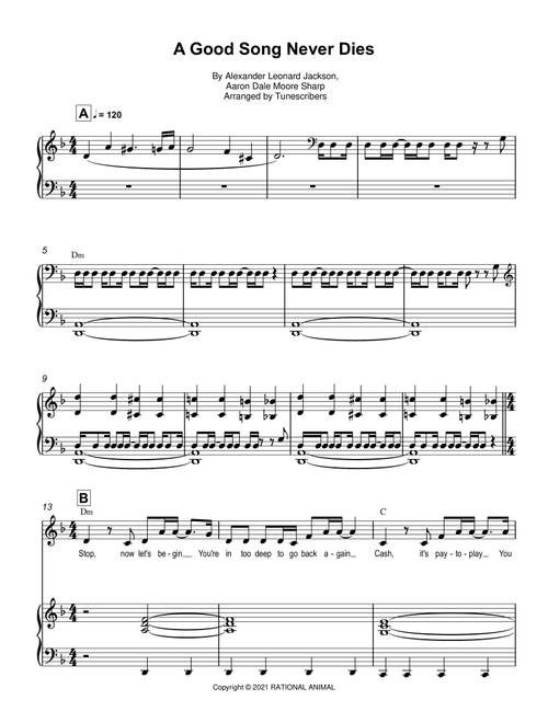 A Good Song Never Dies (Arr. Tunescribers) - Alexander Leonard Jackson, Aaron Dale Moore Sharp (Piano Vocal)