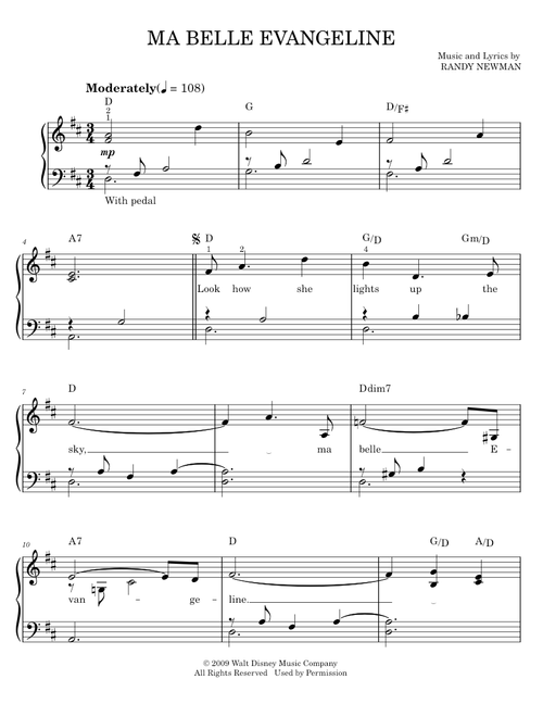 Ma Belle Evangeline - Jim Cummings, Randy Newman, The Princess And The Frog Movie (Easy Piano)