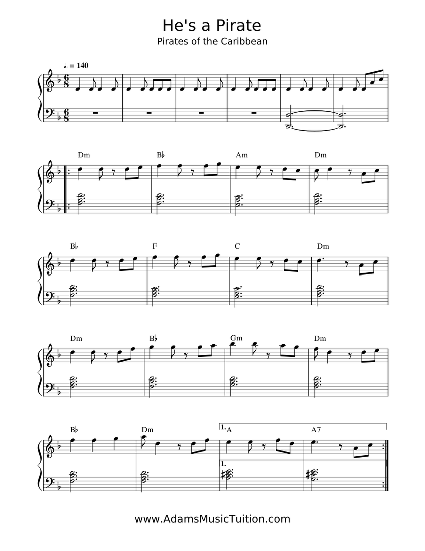 Pirates of the Caribbean - He's a Pirate Sheet Music with