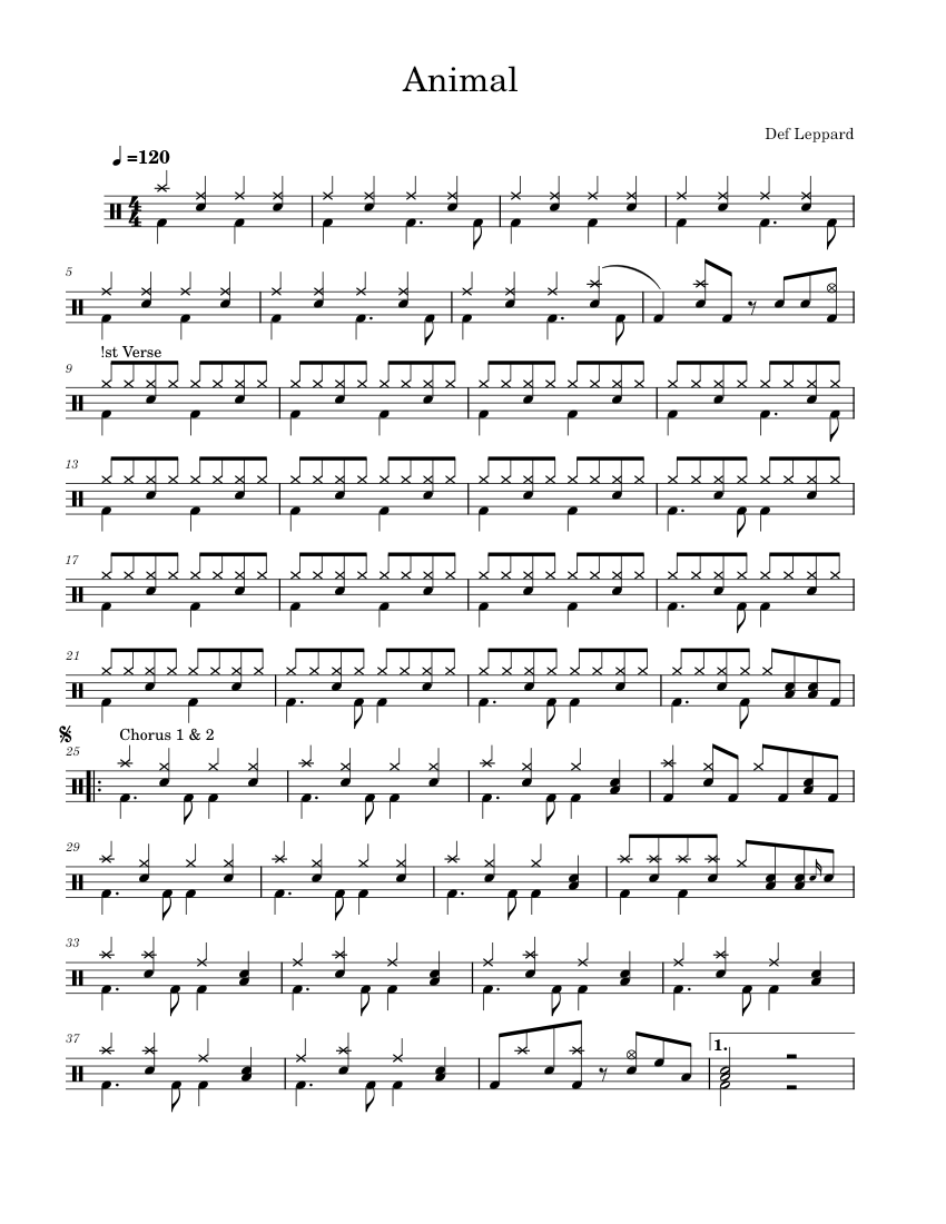 Animal – Def Leppard Sheet Music for Drum group (Solo) | MuseScore.com