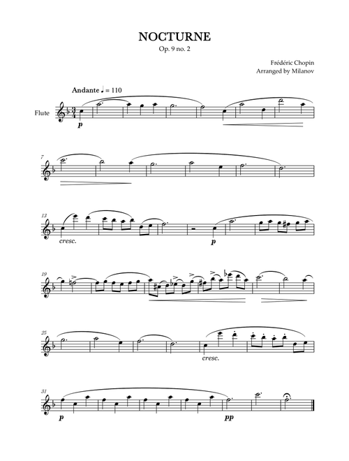 Chopin Nocturne op. 9 no. 2 | Flute | F Major | Easy beginner (Arr. Milanov) - Frédéric Chopin (Flute Solo)