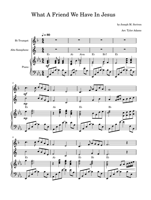 What A Friend We Have In Jesus (Trumpet and Alto Sax Duet with Piano) (Arr. Tyler Adams) - Joseph M. Scriven (Instrumental Duet and Piano)