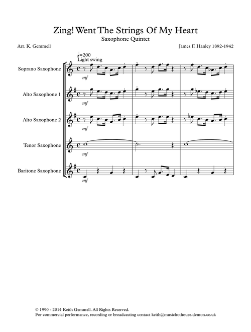 Zing! Went The Strings Of My Heart - Saxophone Quintet (Arr. Keith Gemmell) - James F. Hanley 1892-1942 (Woodwind Ensemble)