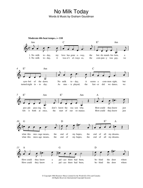 No Milk Today - Graham Gouldman (Lead Sheet - Fake Book)