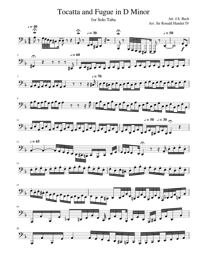 Tocatta and Fugue in D Minor Sheet Music for Tuba (Solo) | MuseScore.com