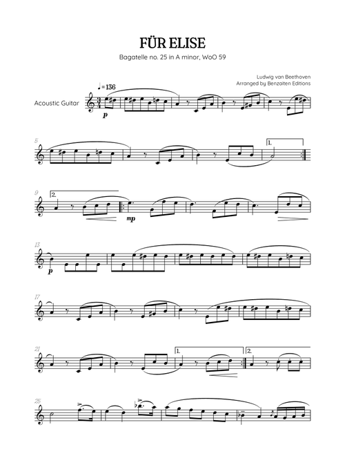 Beethoven • Für Elise / Pour Elise • acoustic guitar sheet music (Arr. Benzaiten Editions) - Ludwig Van Beethoven (Instrumental Solo)