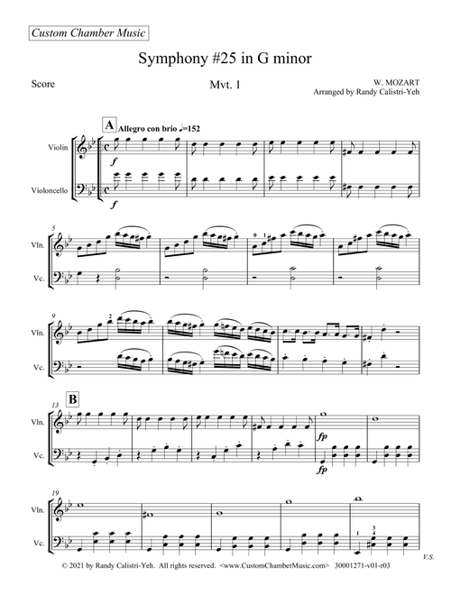 Mozart Symphony #25 in G Minor, K. 183, Mvt. 1 (violin/cello duet) (Arr. Randy Calistri-Yeh) - Wolfgang Mozart (Instrumental Duet)