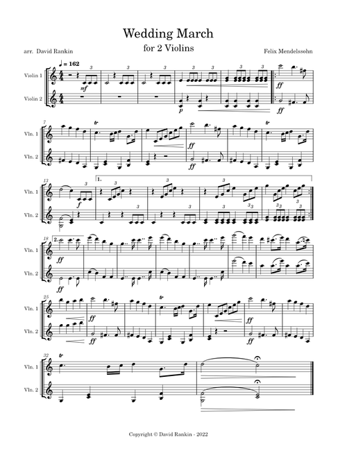 Wedding March – Felix Mendelssohn Wedding March for 2 Violins – Felix Mendelssohn