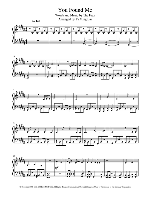 You Found Me (Arr. Yi Ming Lai) - The Fray (Piano Vocal)