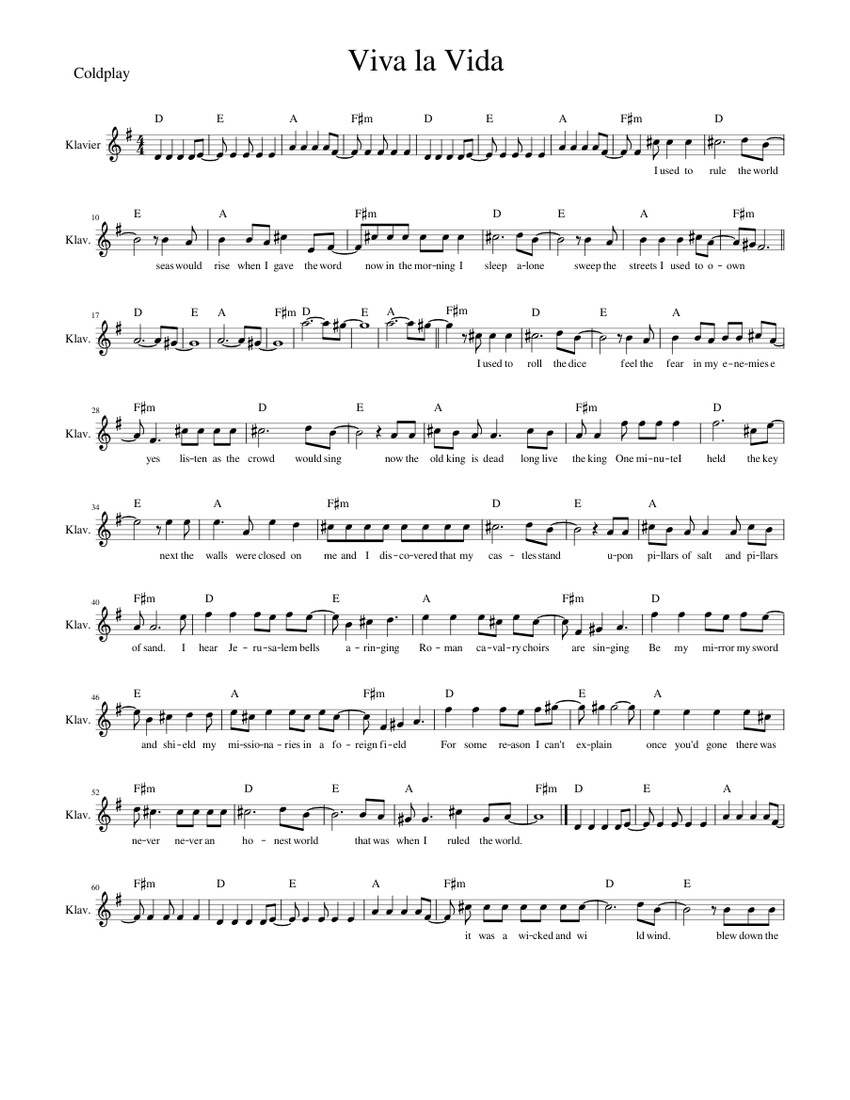 Viva la Vida - Coldplay Sheet Music with Chords for Piano (Solo) easy ...
