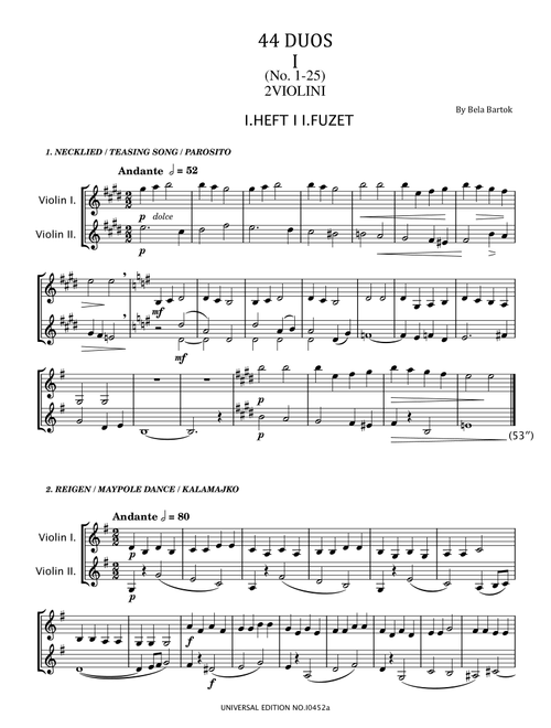 Béla Bartók - 44 Duos for Two Violins, Sz.98, BB 104 - No.1-25 Original (Arr. poon) (Violin Duet)