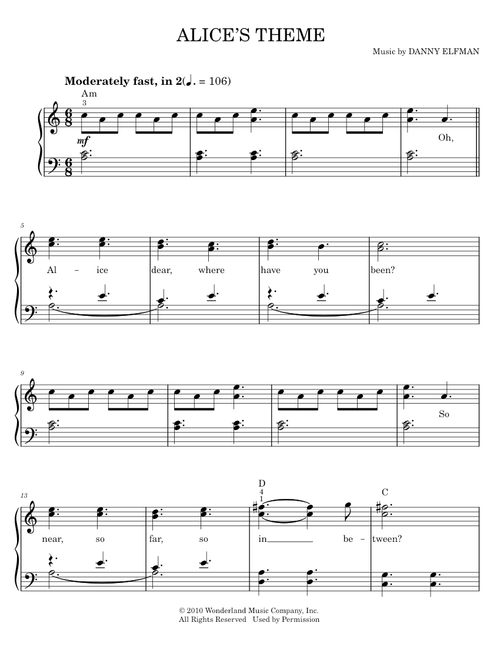 Alice's Theme - Alice In Wonderland Movie, Danny Elfman (Easy Piano)