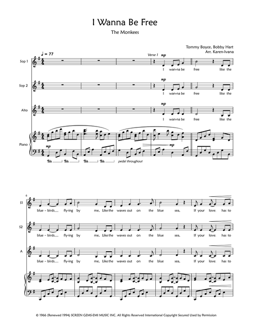I Wanna Be Free (Arr. Karen Ivana) - The Monkees (Choral, SSA)