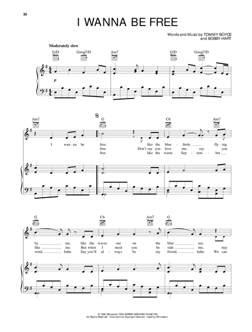 I Wanna Be Free - The Monkees (Piano-Vocal-Guitar)