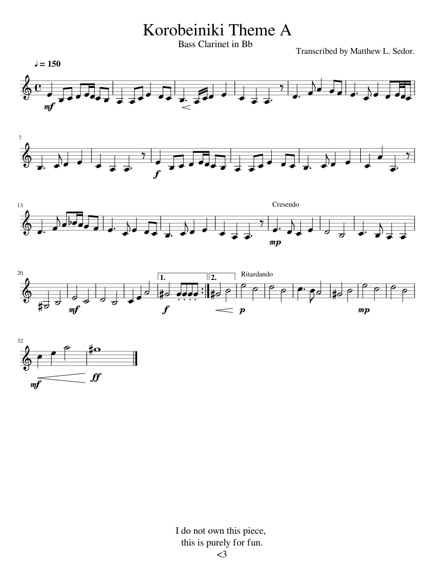 Korobeiniki-Theme A-Tetris Sheet music for Clarinet bass (Solo) |  