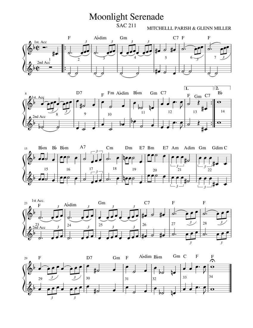 Moonlight Serenade Sheet Music with Chords for Accordion (Solo
