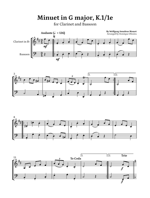 Minuet in G major, K.1/1e (Clarinet and Bassoon) - W. A. Mozart (Arr. Henrique Oliveira) - Wolfgang Amadeus Mozart (Instrumental Duet)