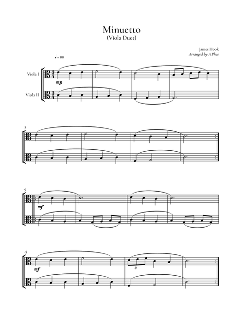 Minuetto (Arr. Phee) - James Hook (Viola Duet)