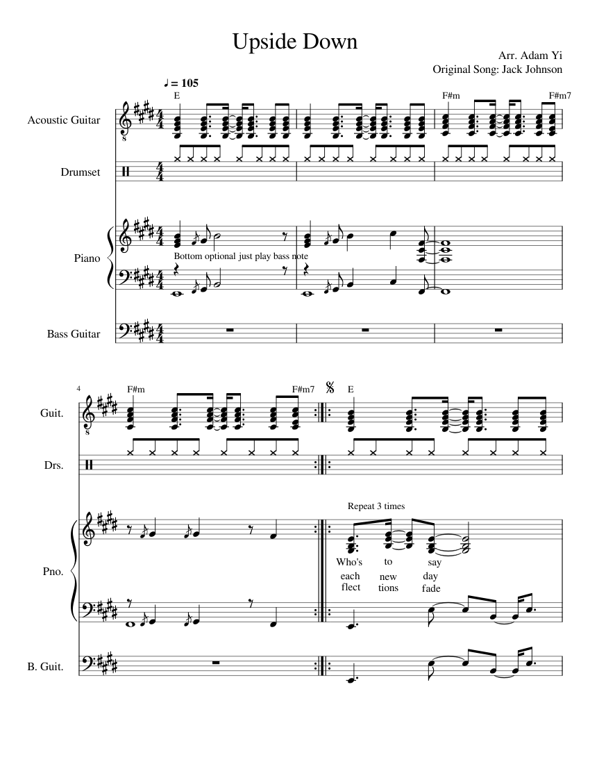 Upside Down Sheet music for Piano, Guitar, Bass guitar, Drum Upside Down Sheet music for Piano, Guitar, Bass guitar, Drum