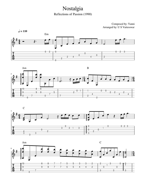 Nostalgia – Yanni (Fingerstyle Guitar)