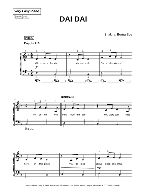 Dai Dai - Shakira, Burna Boy (Very Easy Piano)