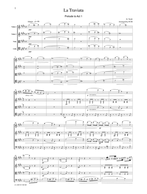 Verdi  La Traviata (Prelude to Act I), for string quartet, CV003 (Arr. FCMUSIC) (String Quartet)