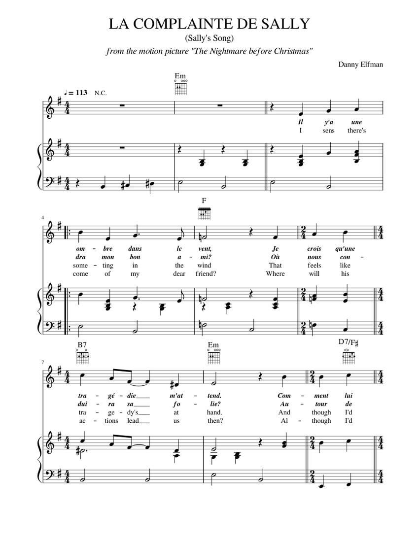 LA COMPLAINTE DE SALLY Sally's Song Sheet Music with Chords