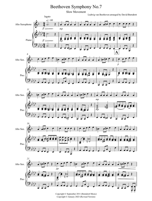 Beethoven Symphony No.7 (slow movement) for Alto Saxophone and Piano (Arr. David Burndrett) - Ludwig van Beethoven (Alto Sax and Piano)