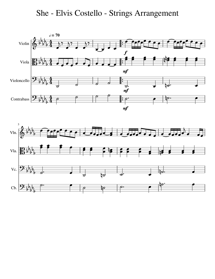 Persuasión Cementerio Supone She - Elvis Costello - Strings Arrangement Sheet music for Contrabass,  Violin, Viola, Cello (Mixed Quartet) | Musescore.com