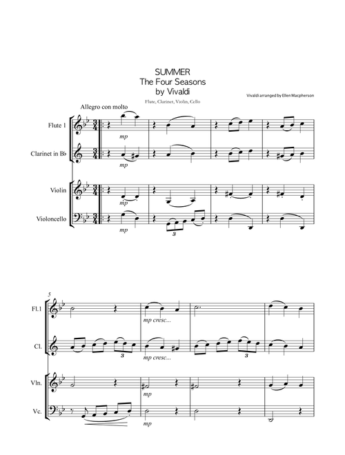 SUMMER by VIVALDI for FLUTE, CLARINET, VIOLIN, CELLO QUARTET (Arr. Ellen Macpherson) (Small Ensemble)