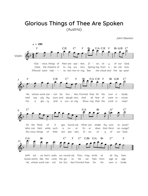 Glorious Things of Thee Are Spoken (Austria) - Violin in F Easy with Chords and Lyrics (Arr. MissoRB) - John Newton (Violin Solo)