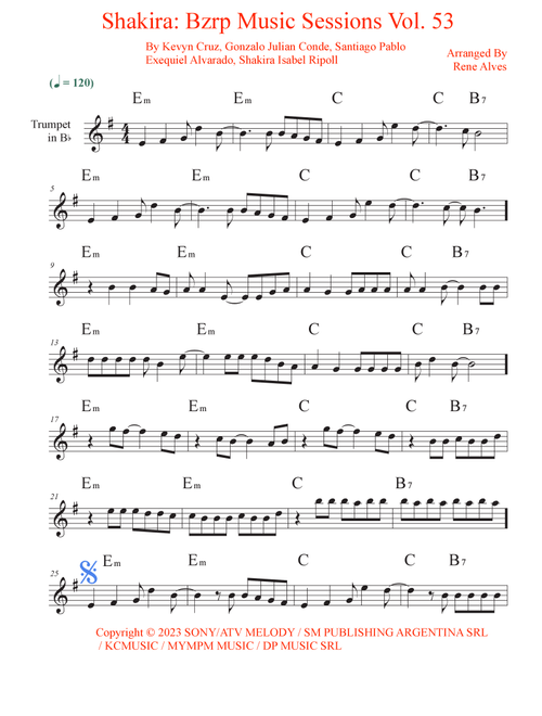 Shakira: Bzrp Music Sessions Vol. 53 (Arr. Rene Alves) - Shakira / Bizarrap (Trumpet Solo)