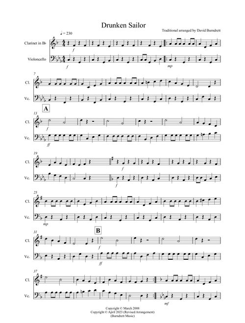 Drunken Sailor for Clarinet and Cello Duet (Arr. David Burndrett) - Traditional (Instrumental Duet)