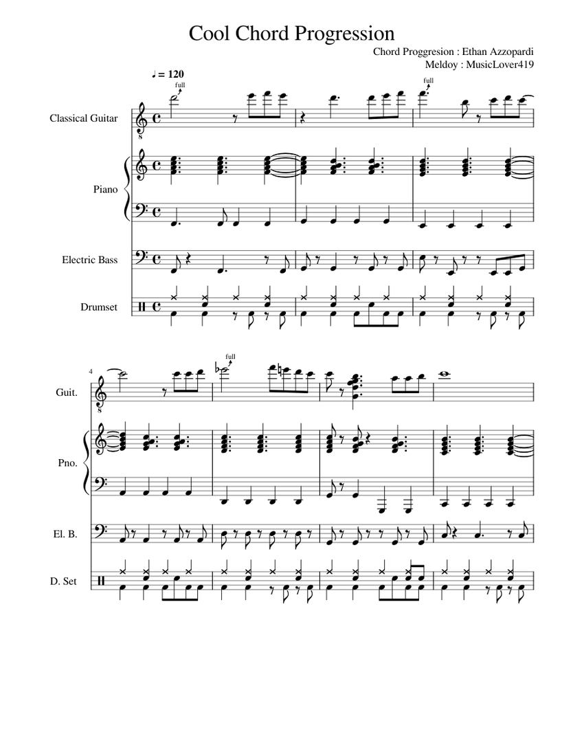 Cool Chord Progression Sheet Music for Piano, Guitar, Bass