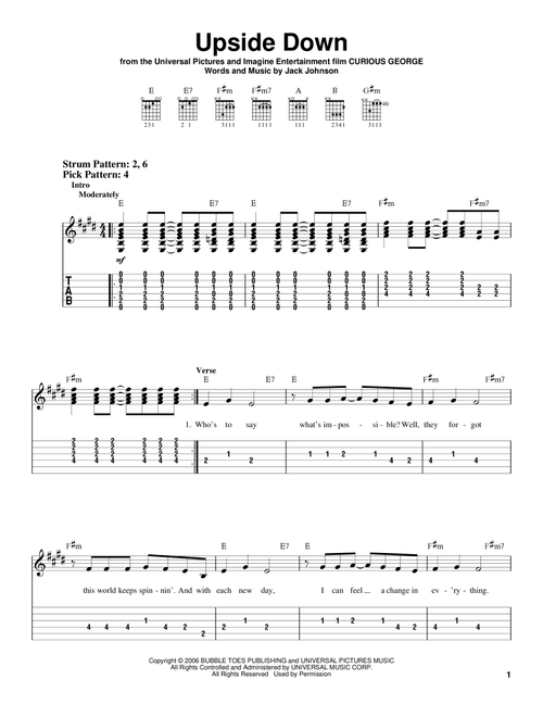 Upside Down - Jack Johnson, Curious George (Movie) (Easy Guitar with TAB)