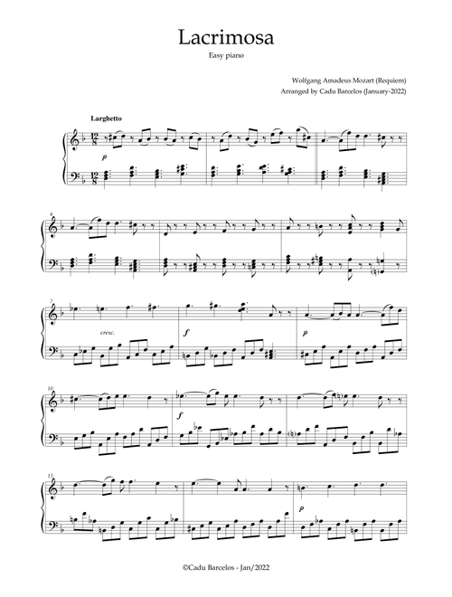 Lacrimosa Easy Piano Solo (Mozart) (Arr. Cadu Barcelos) - Wolfgang Amadeus Mozart (Easy Piano)