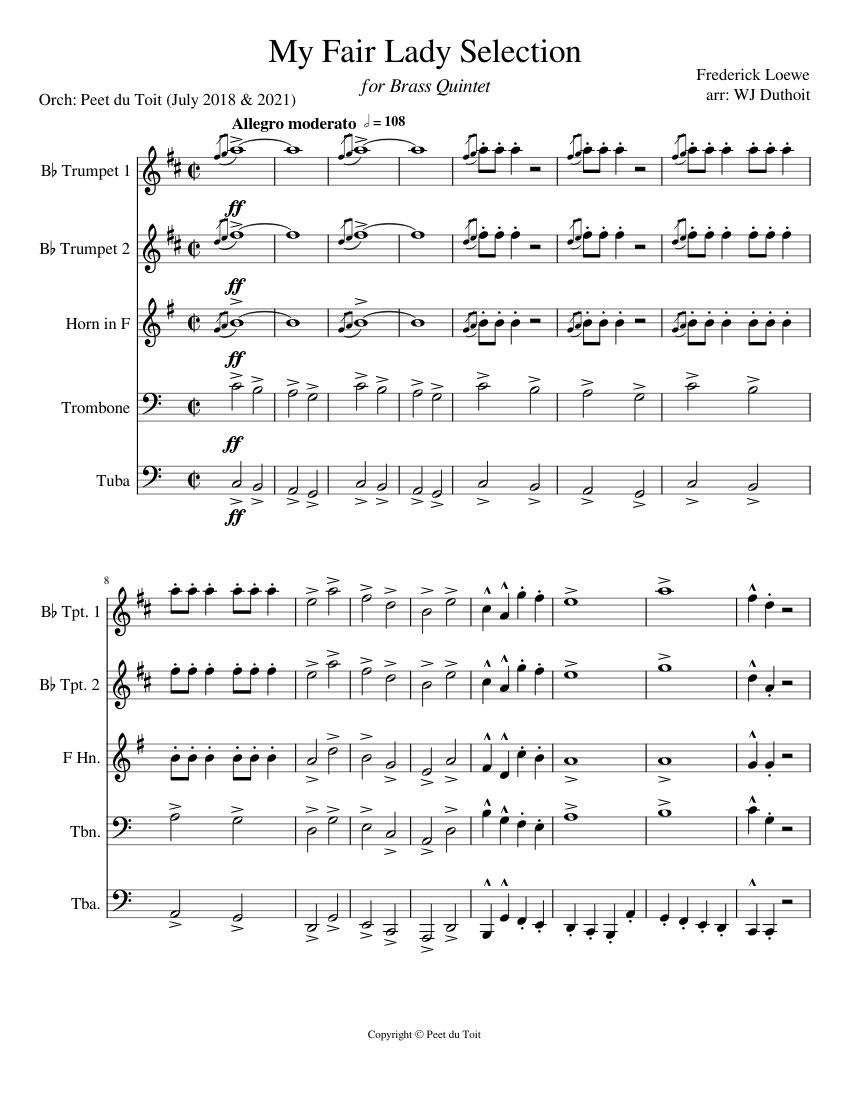 My Fair Lady Selection Frederick Loewe Sheet music for Trombone Tuba Trumpet in b flat French horn Brass Quintet Musescore