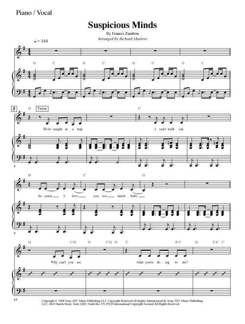 Suspicious Minds (Arr. Richard Maslove) - Elvis Presley (Large Ensemble)