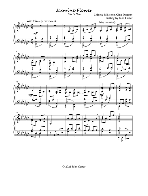 Jasmine Flower (Mo Li Hua) (Arr. John E Carter) (Piano Solo)