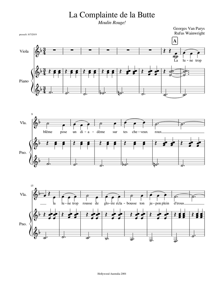 La Complainte De La Butte Paroles Et Accords French] Rufus Wainwright -- La Complainte de la Butte (Georges Van Parys  Moulin Rouge OST) Sheet music for Piano, Viola (Mixed Ensemble) |  Musescore.com