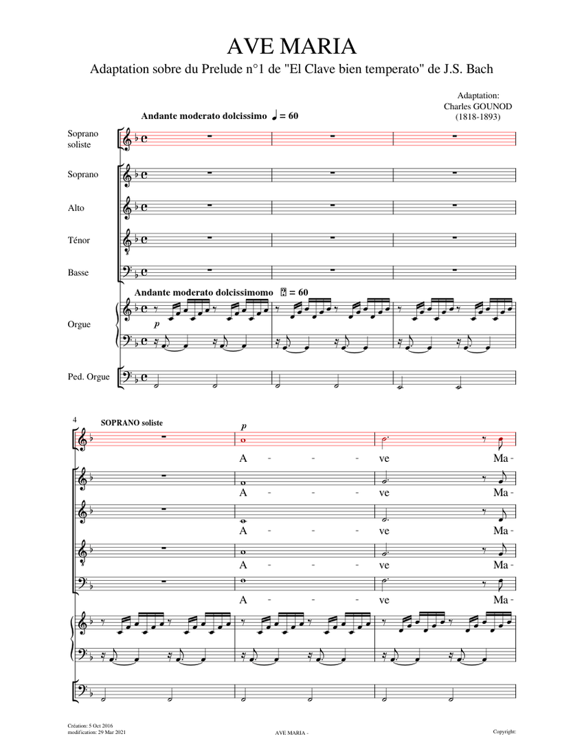 Ave Maria – Charles Gounod Sheet Music for Soprano, Alto, Tenor, Bass ...