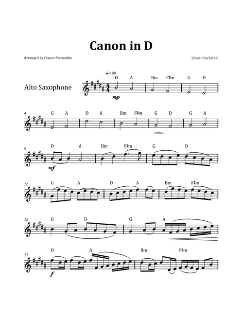 Canon by Pachelbel - Alto Saxophone & Chord Notation (Arr. Glauco Fernandes) - Johann Pachelbel (Alto Sax Solo)